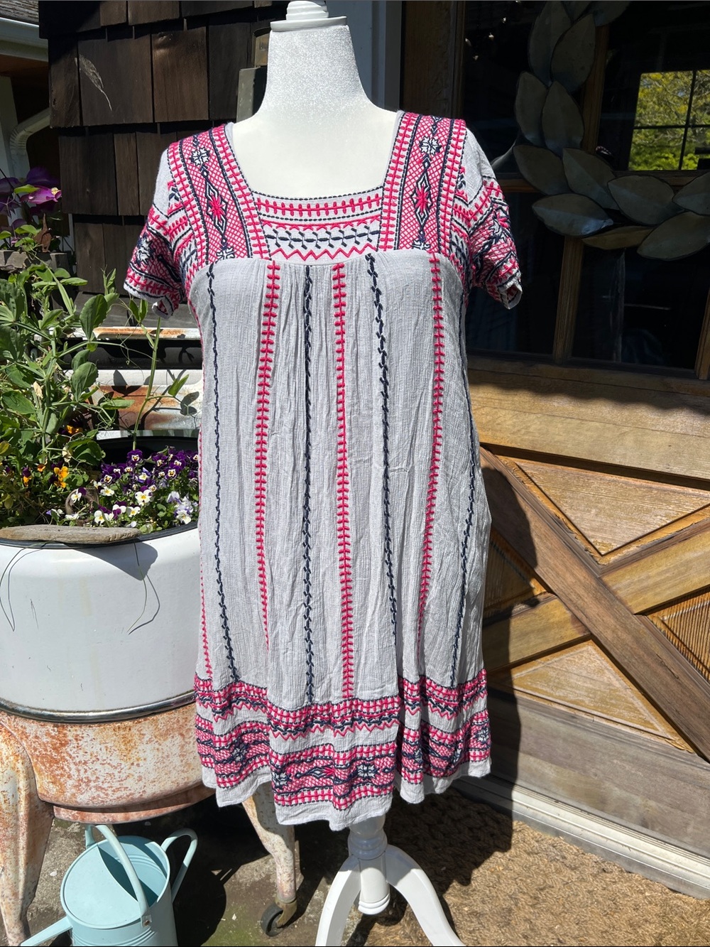 Mauve White Mini Dress with Pink and Black Embroidery